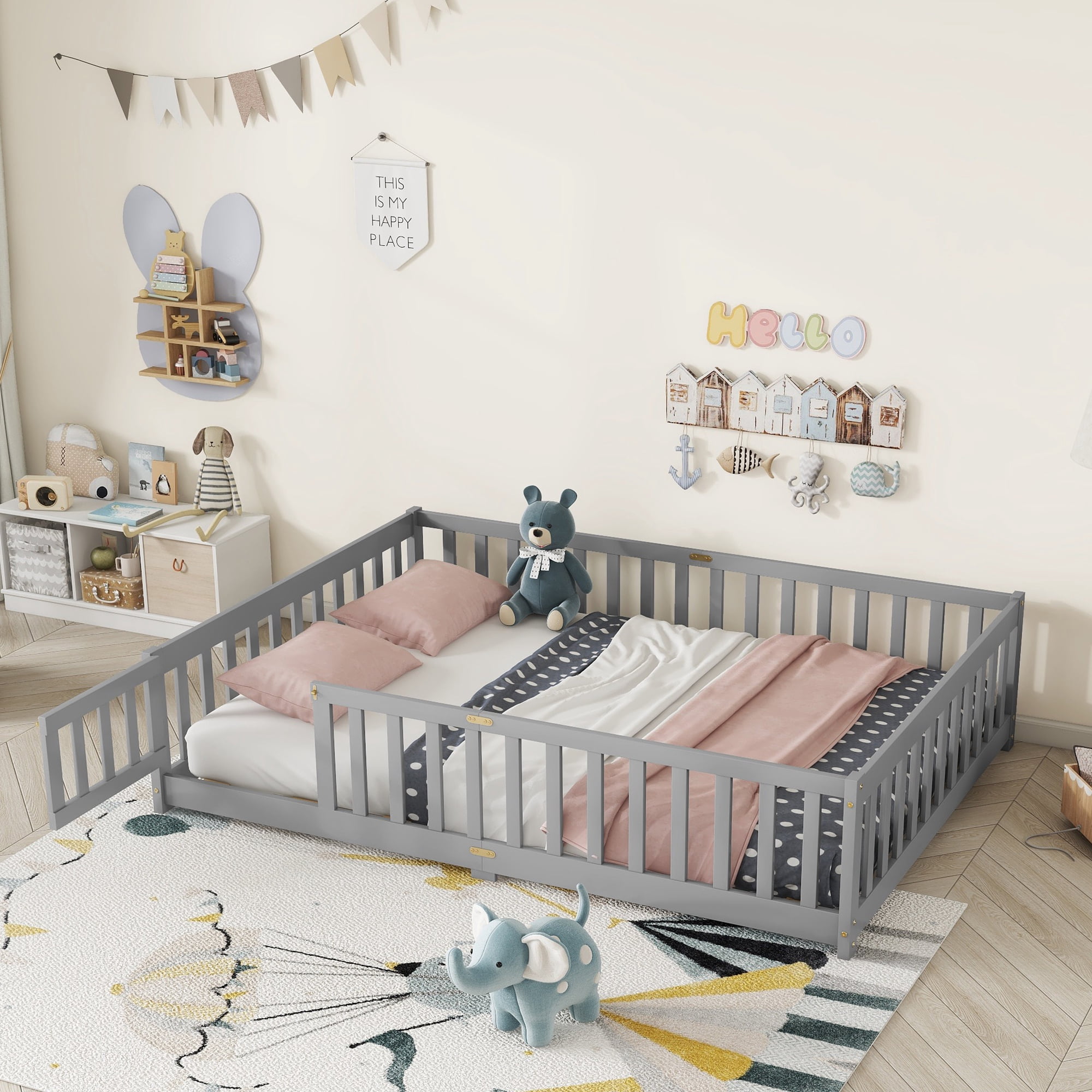 Alvantor Full Size Floor Bed for Toddler, Solid Wood Floor Bed with Door and Fence Guardrail, Montessori Floor Bed for Boys, Girls, Gray