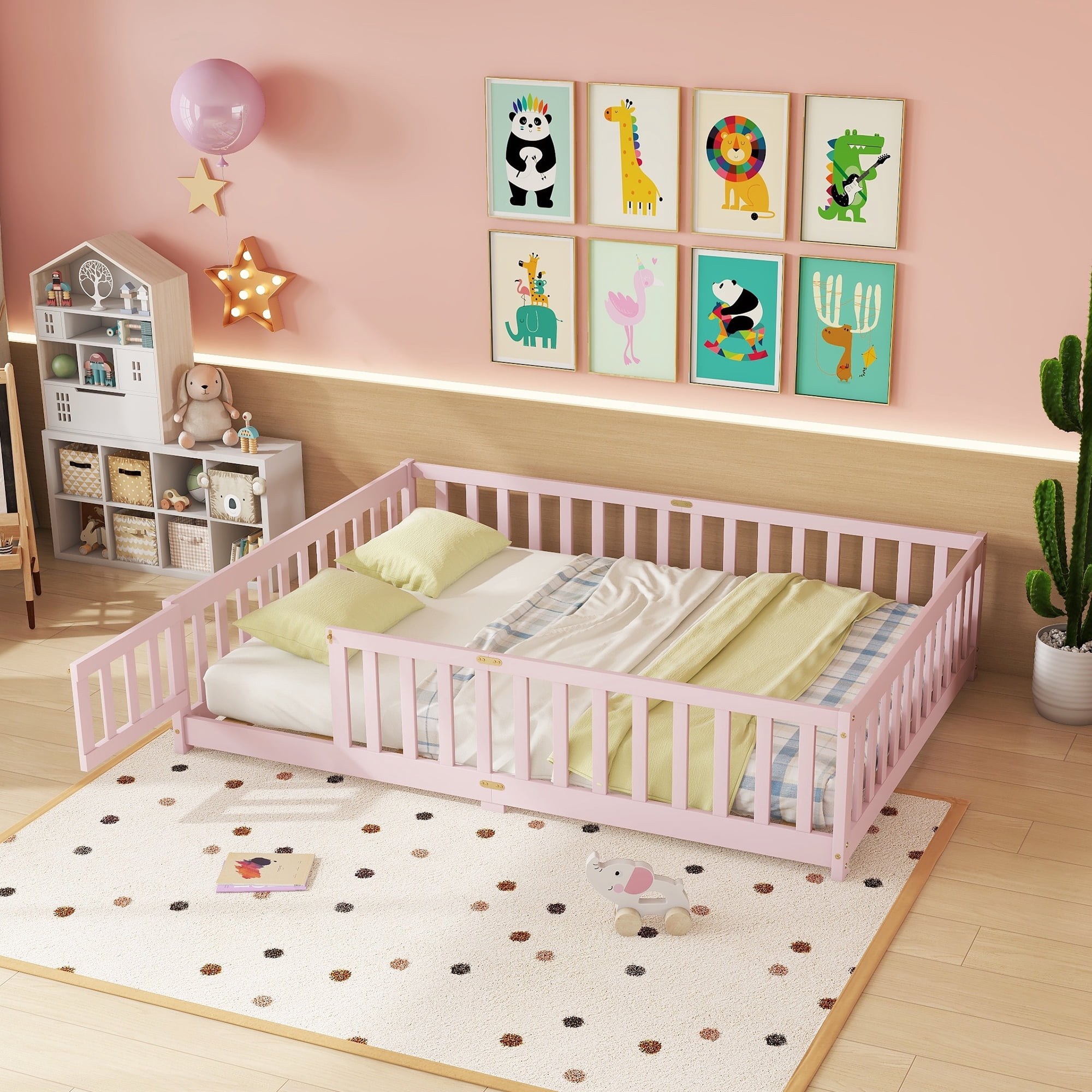 Alvantor Full Size Floor Bed for Toddler, Solid Wood Floor Bed with Door and Fence Guardrail, Montessori Floor Bed for Boys, Girls, Pink