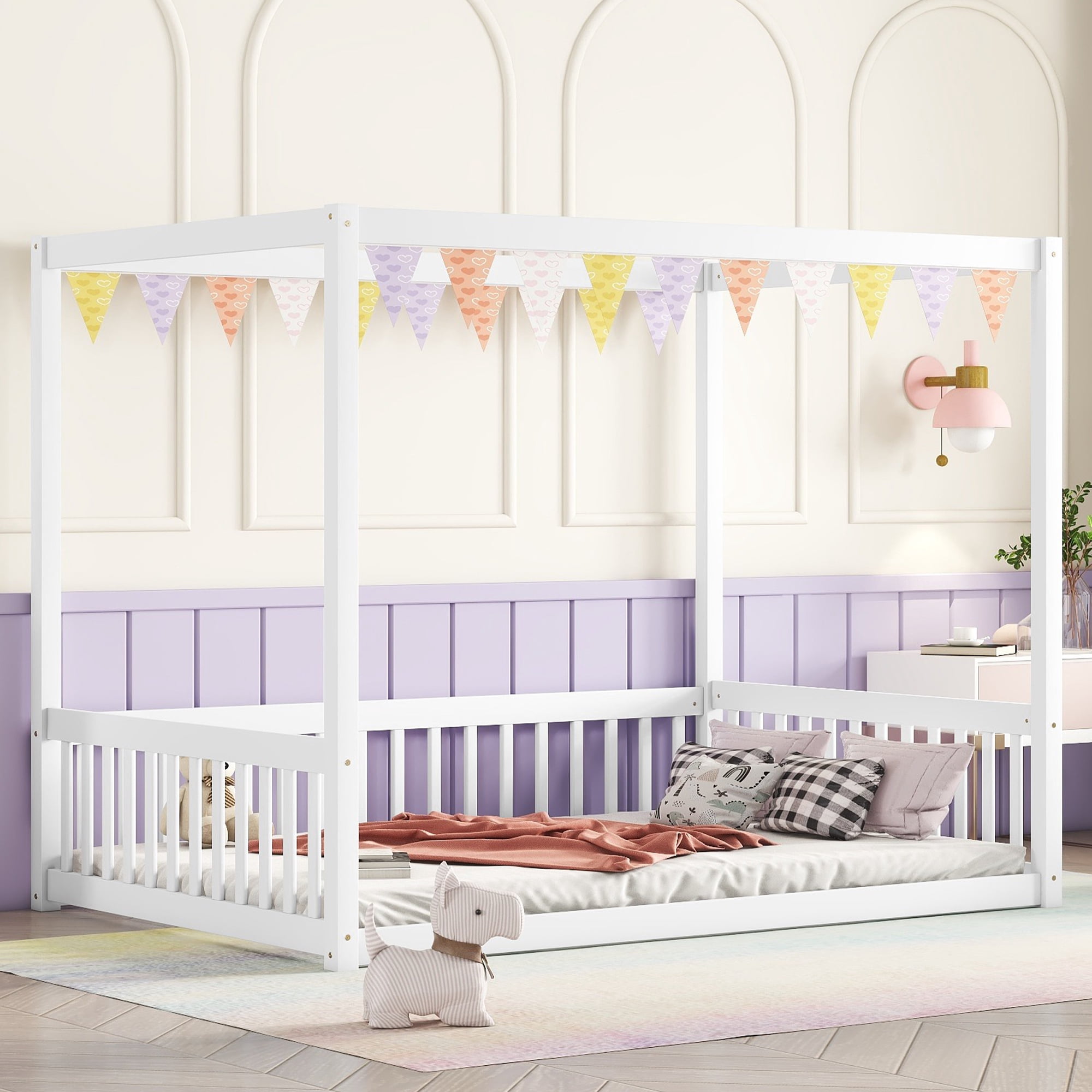 Alvantor Full Size Floor Bed with Canopy Fence Guardrails for Kids Children Toddler Girls Boys, White