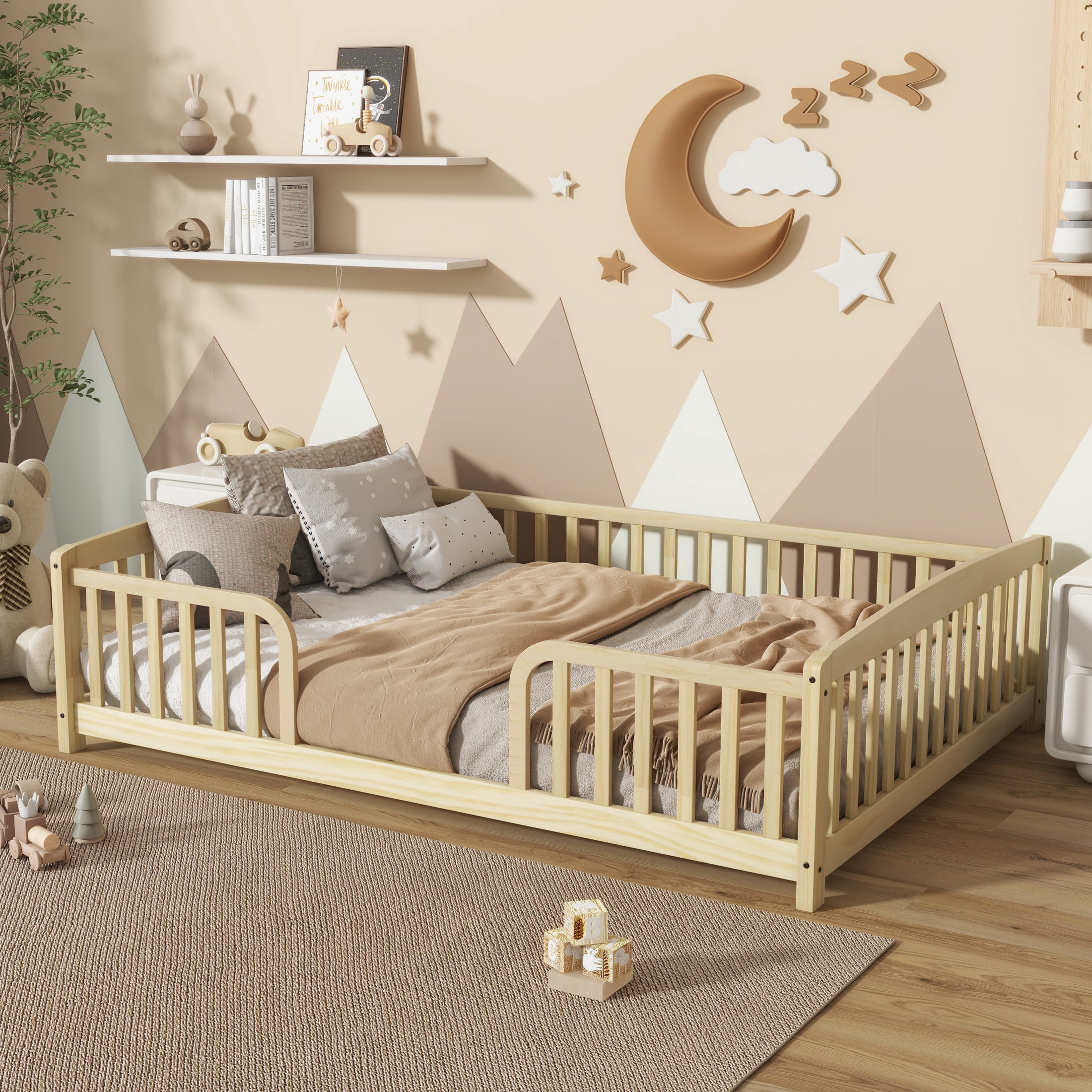 Alvantor Full Size Floor Bed with Entrance and Guardrails – Low Montessori Wood Bed Frame for Toddlers, Natural