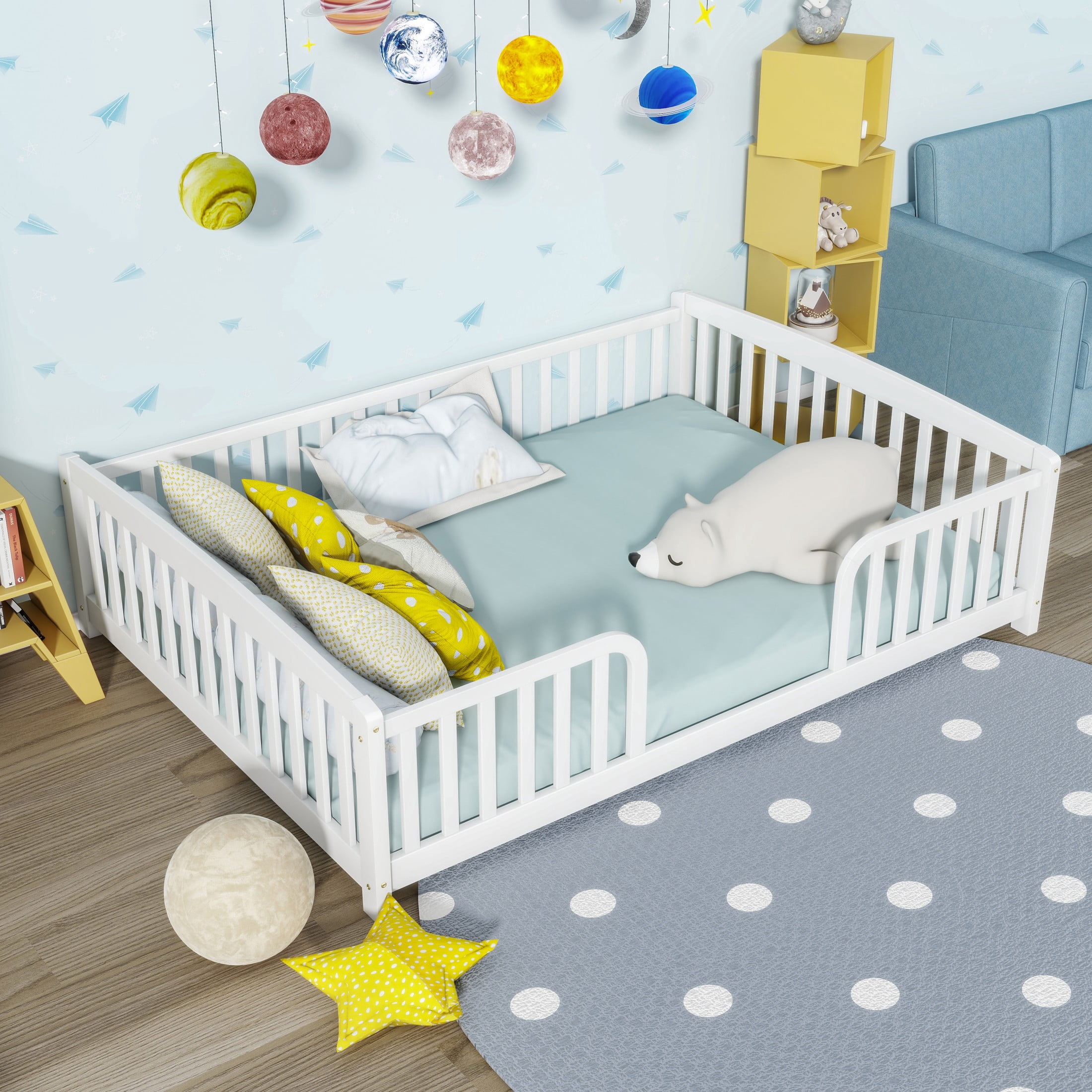 Alvantor Full Size Floor Bed with Entrance and Guardrails – Low Montessori Wood Bed Frame for Toddlers, White