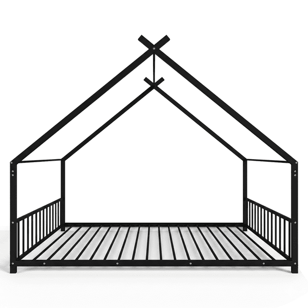 Alvantor Full Size Kids Metal House Bed with Guardrails and Slat Support, Black