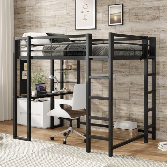 Alvantor Full Size Loft Bed Frame with Desk & Open Shelves, Heavy Duty Metal Bed Frame for Boys Girls Teens Black