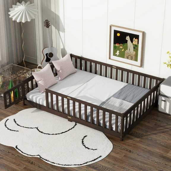 Alvantor Full Size Montessori Floor Bed for Kids with Door and Fence, Rubber Wood Toddler Platform Bed Frame, No Box Spring Needed, Espresso