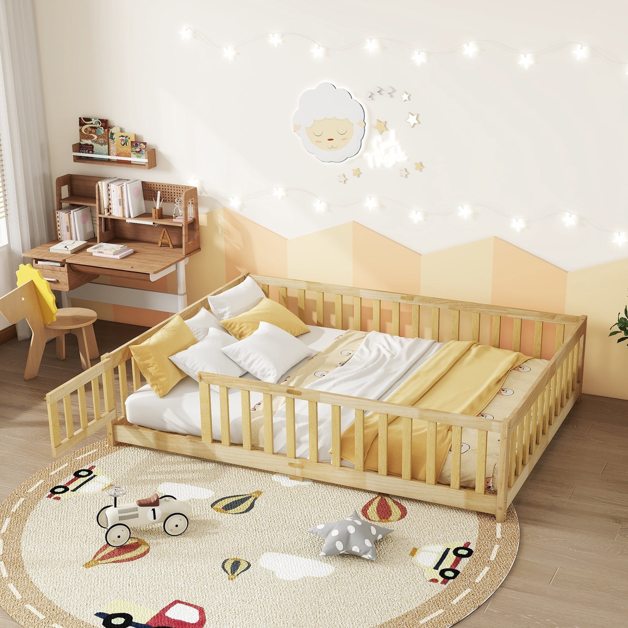 Alvantor Full Size Montessori Floor Bed for Kids with Door and Fence, Rubber Wood Toddler Platform Bed Frame, No Box Spring Needed, Natural