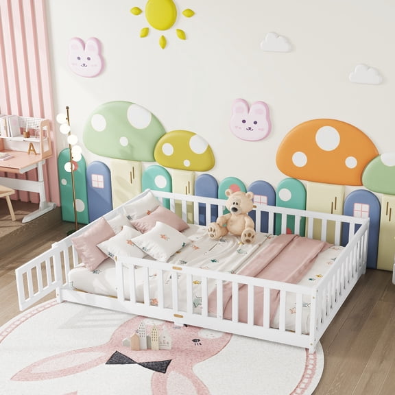Alvantor Full Size Montessori Floor Bed for Kids with Door and Fence, Rubber Wood Toddler Platform Bed Frame, No Box Spring Needed, White