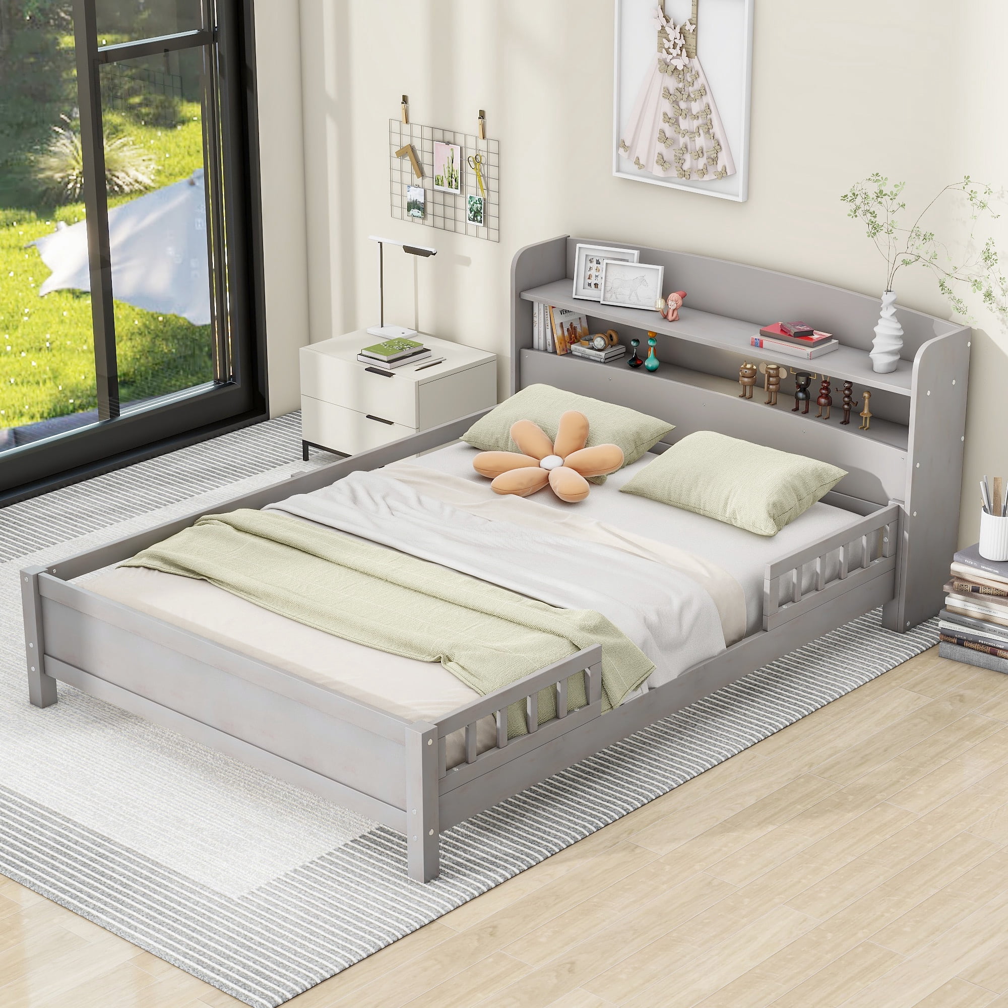 Alvantor Full Size Platform Bed with LED Light, Wood Storage Headboard and Guardrail, Antique Grey