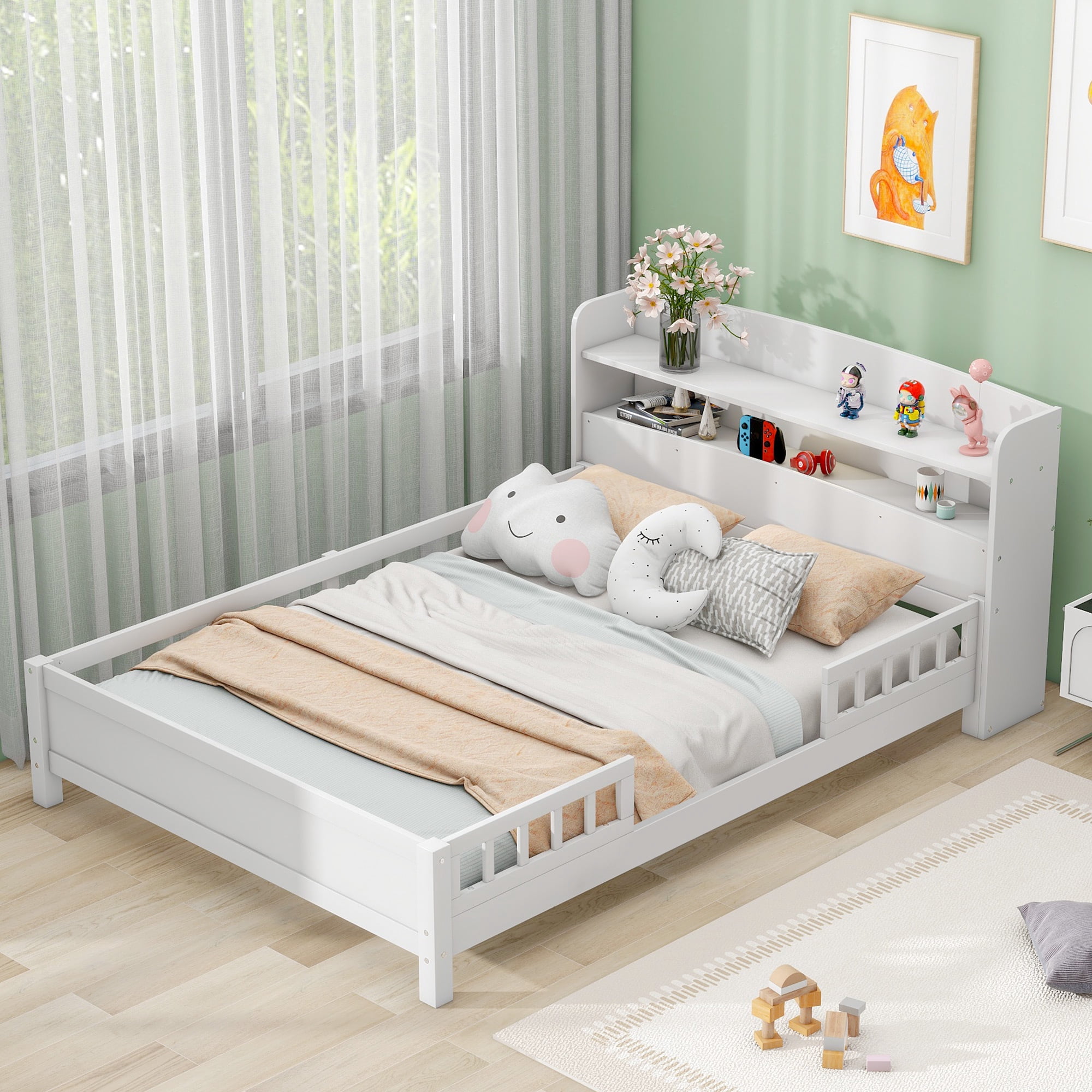 Alvantor Full Size Platform Bed with LED Light, Wood Storage Headboard and Guardrail, White