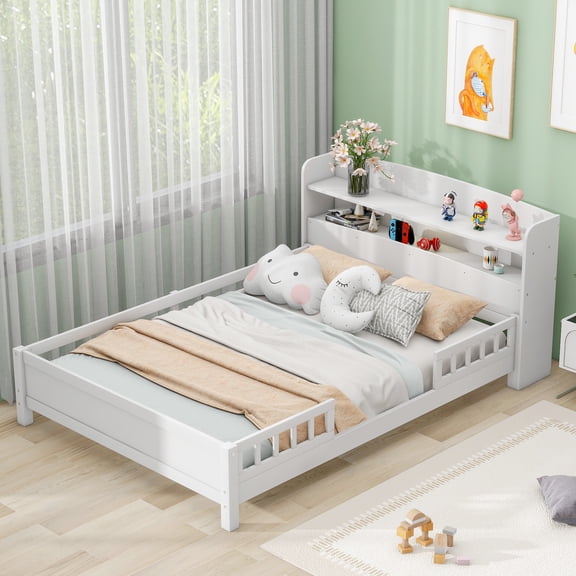 Alvantor Full Size Platform Bed with LED Light, Wood Storage Headboard and Guardrail, White