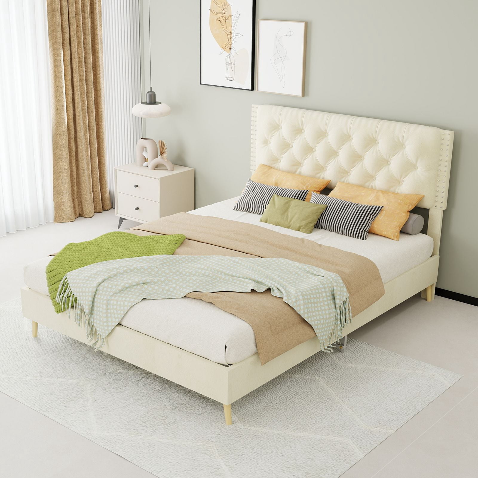 Alvantor Full Size Upholstered Bed Frame with Padded Headboard, Holland Velvet Tufted Beige