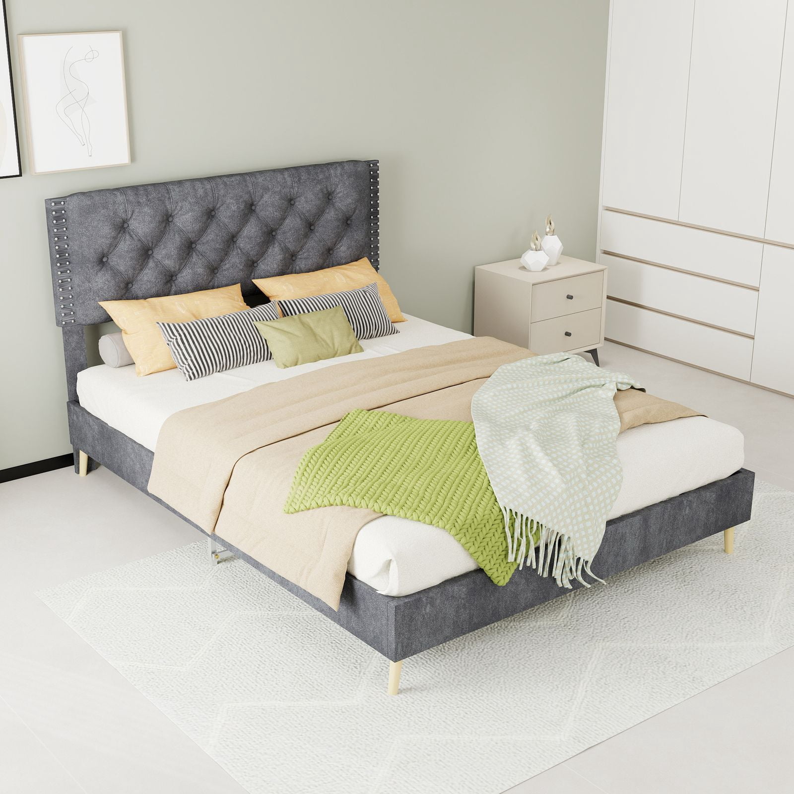 Alvantor Full Size Upholstered Bed Frame with Padded Headboard, Holland Velvet Tufted Gray