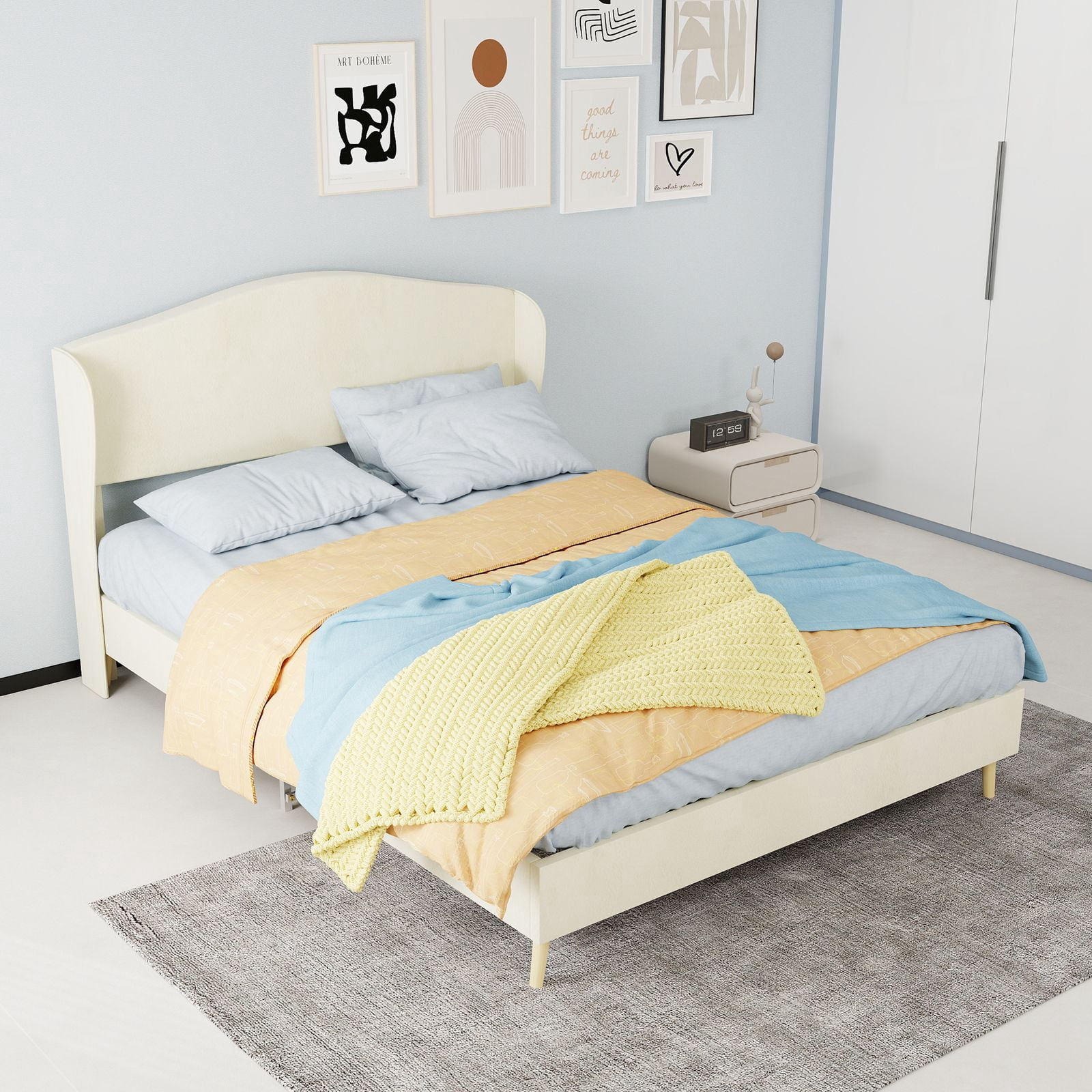Alvantor Full Size Upholstered Bed Frame with Padded Headboard, Holland Velvet Tufted Noise-Free & Durable Beige