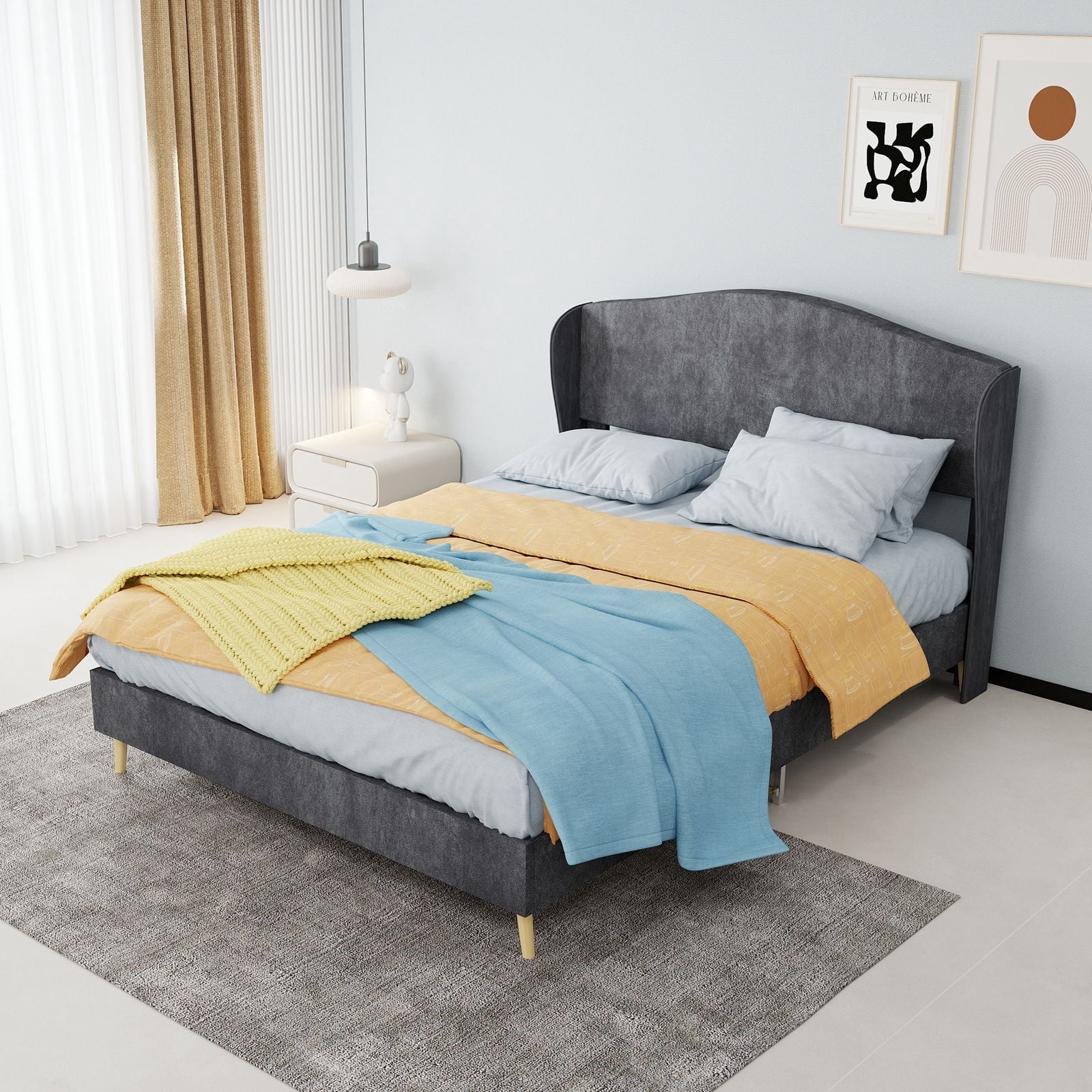 Alvantor Full Size Upholstered Bed Frame with Padded Headboard, Holland Velvet Tufted Noise-Free & Durable Gray