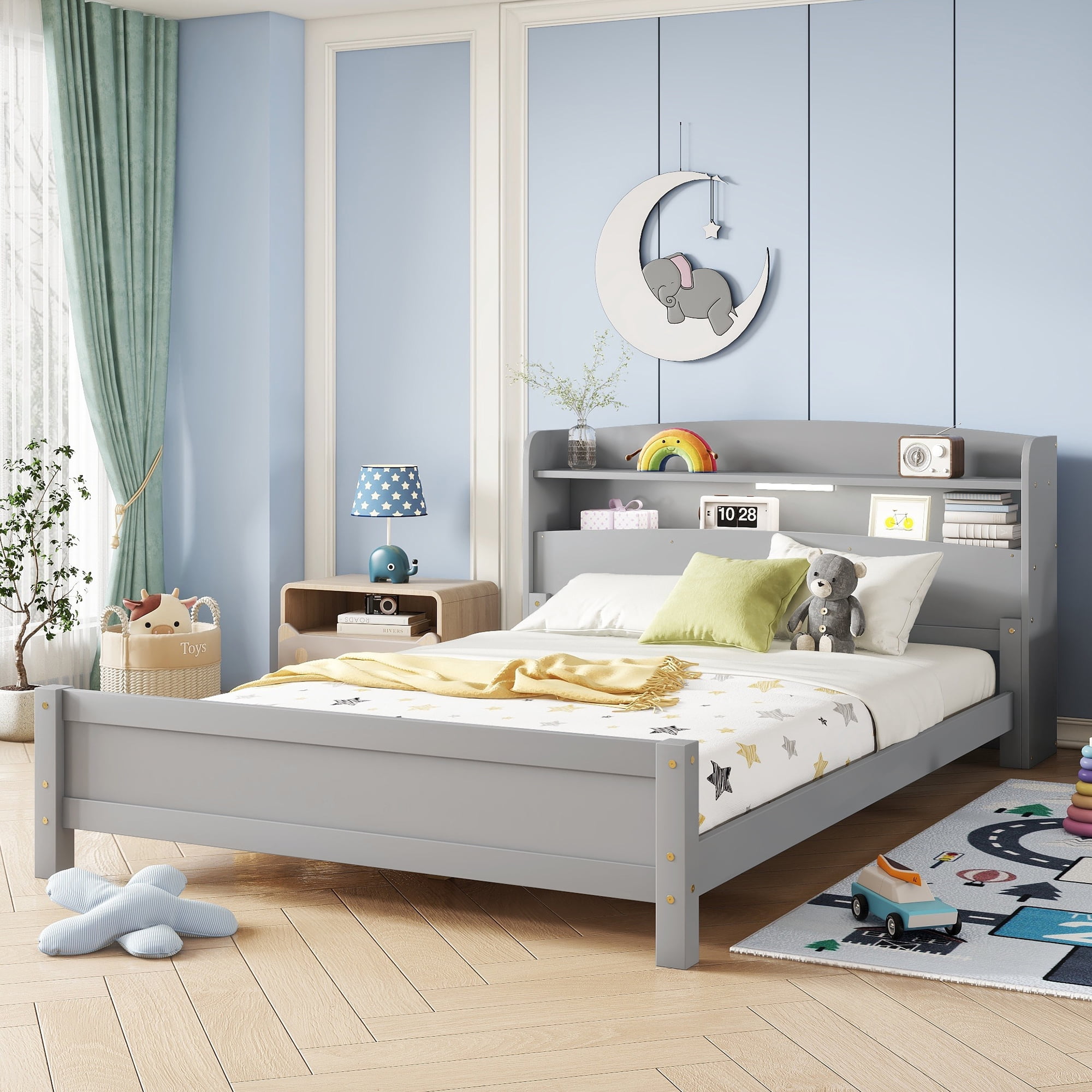 Alvantor Full Size Wood Bed with Bookcase Headboard, LED Sensor Light, Grey