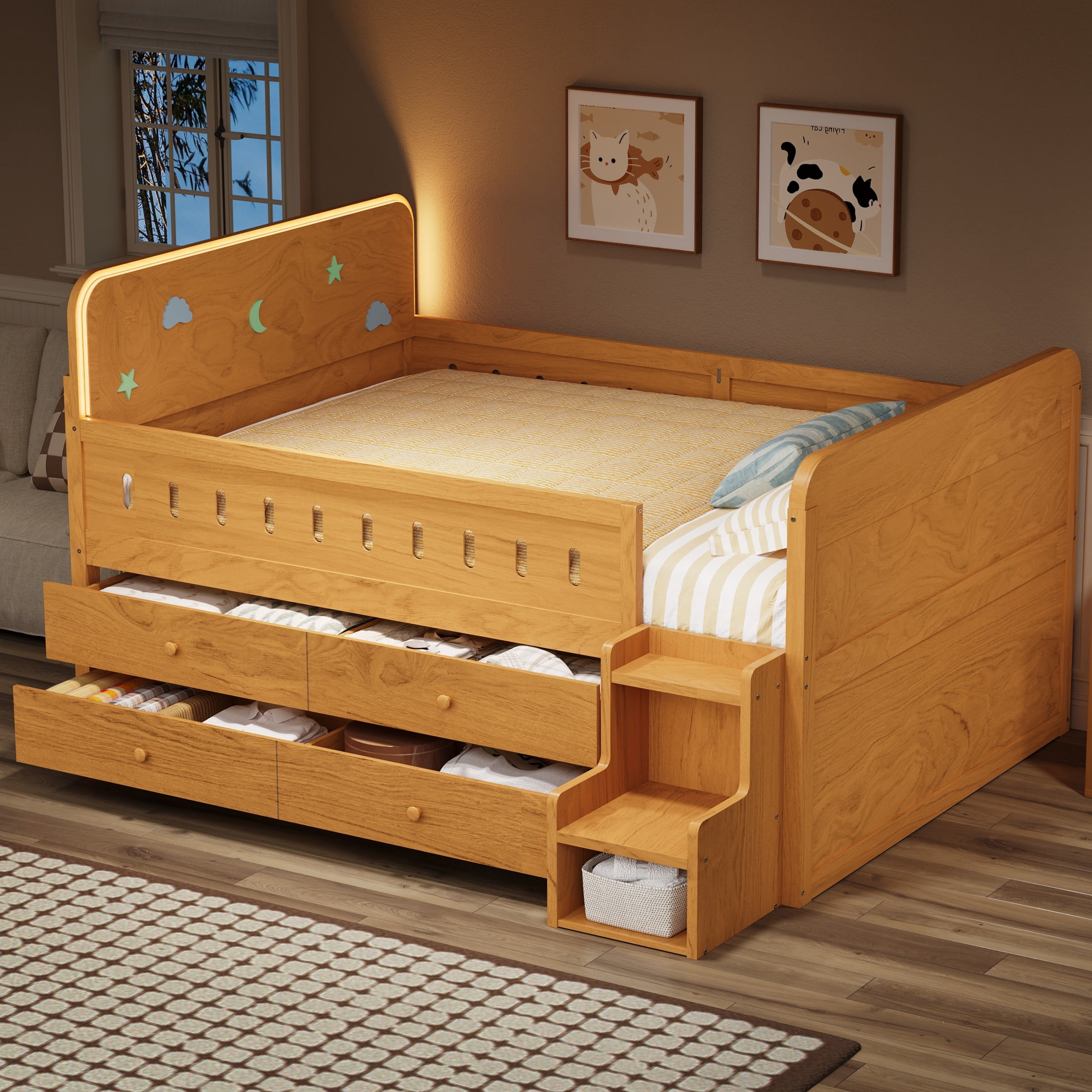 Alvantor Full Size Wooden Bed with LED Light,4 Storage Drawers and Ladder Storage, Wood Color