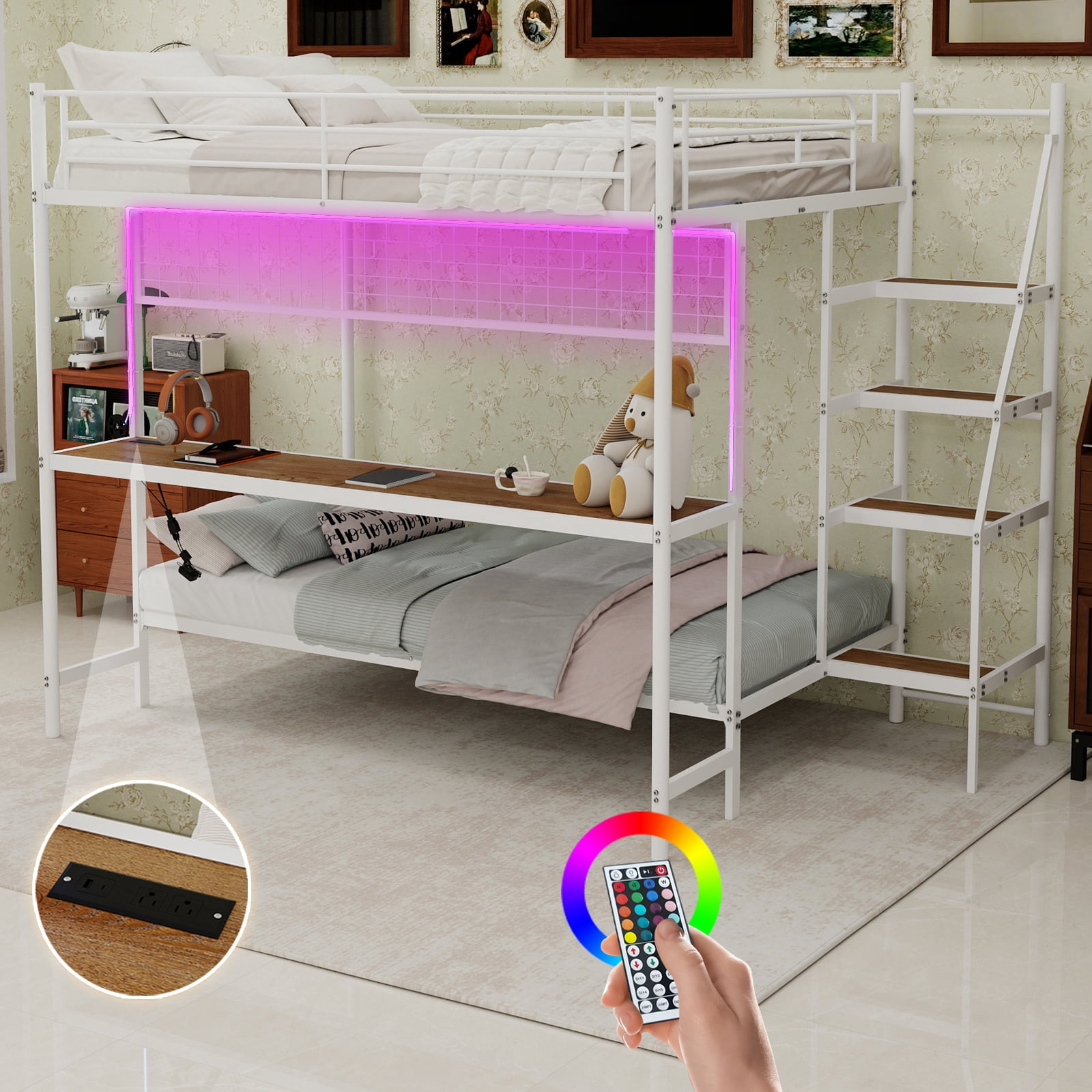 Alvantor Full over Twin Bunk Bed with Desk & LED Lighting, Metal Bunk Bed Frame for Kids/Teens, No Box Spring Needed White