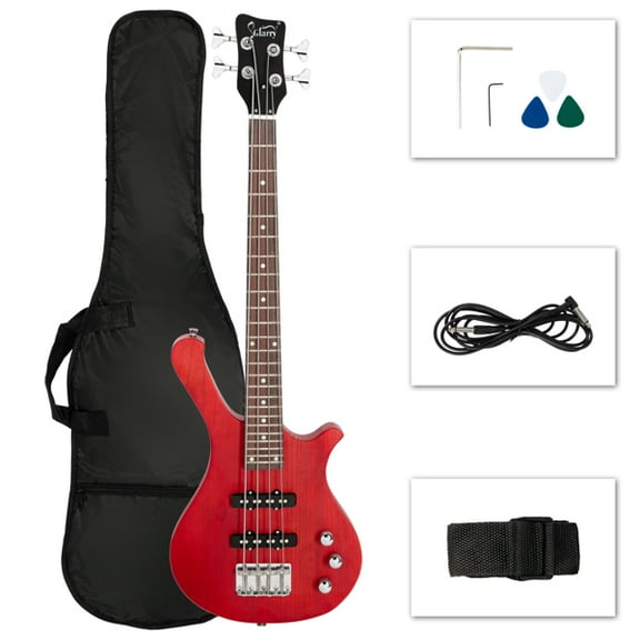 Alvantor GW101 Short Scale Electric Bass Guitar 4 String Right Handed Mahogany Body Red 25.5" Scale with Gig Bag Cable Strap Picks