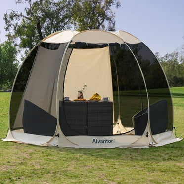 Alvantor Gazebo Tent Screen House with Sun Shade, 10'x 10' Outdoor Canopy for 4-6 Person with 6 Side Mesh Walls , Pop Up Portable Camping Shelter with Carry Bag, Ground Stakes, Black & Beige