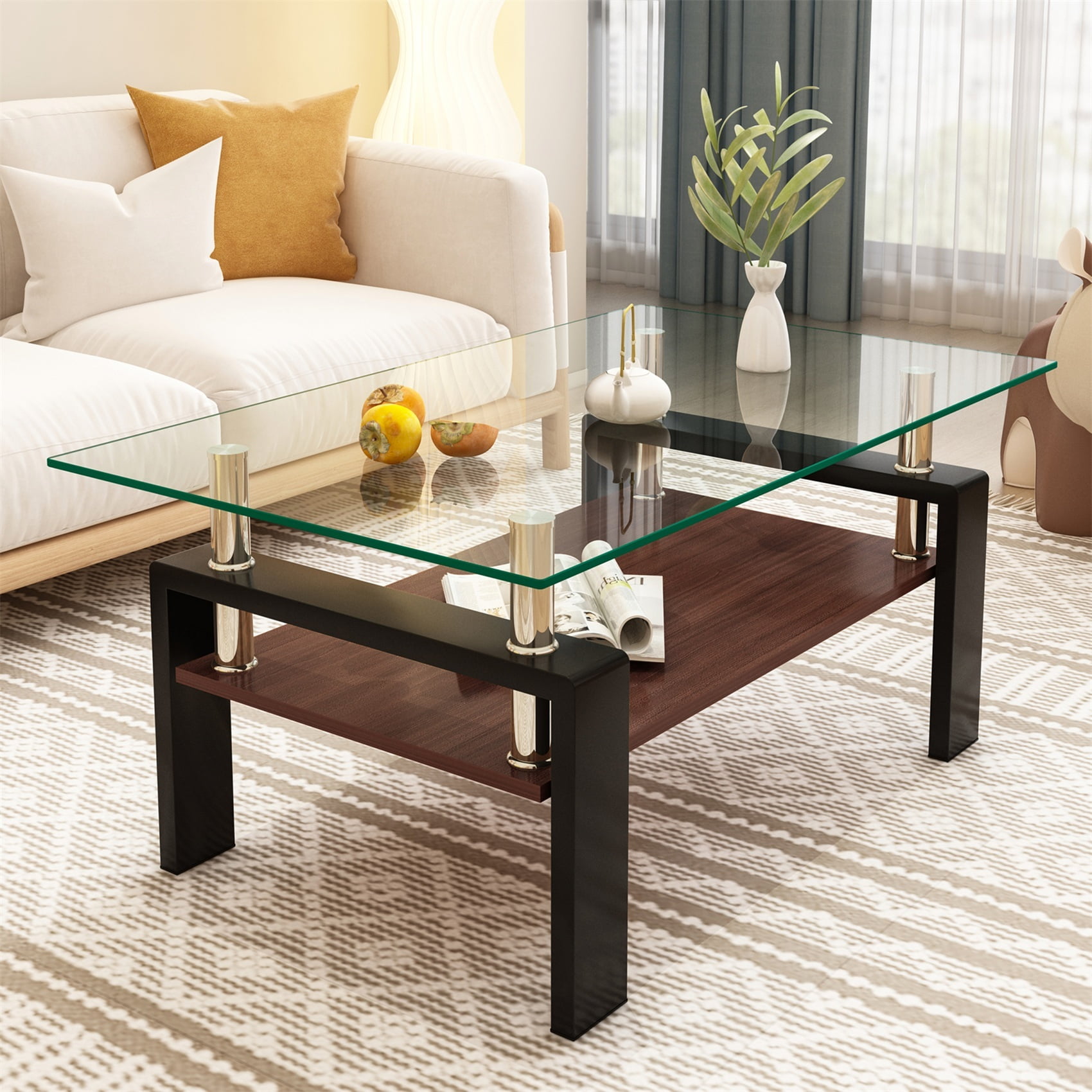Alvantor Glass Coffee Table, 38.6" Modern Rectangle Tables with Clear Tempered Glass Top and MDF Layer for Living Room Brown