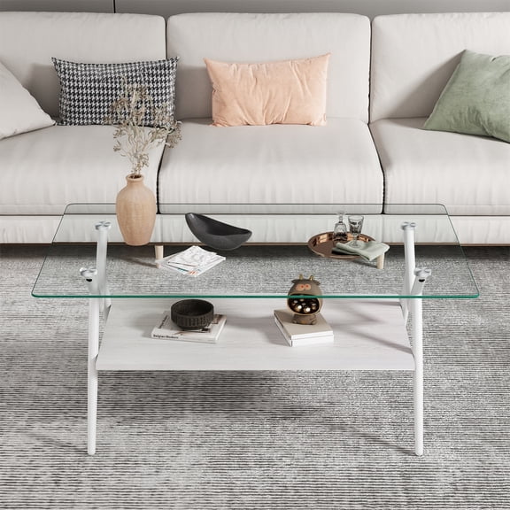 Alvantor White Coffee Table with Tempered Glass Top and Metal Legs