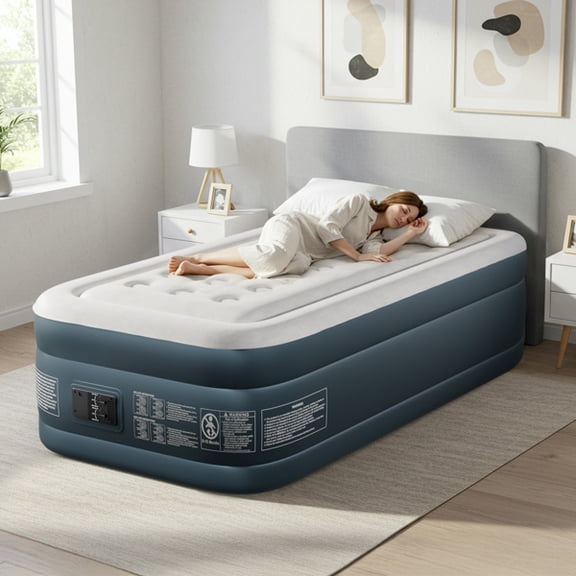 Alvantor Twin Raised Air Mattress with Built-in Electric Pump, Double Chamber Support, Flocked Top, Gray, 18 in Height
