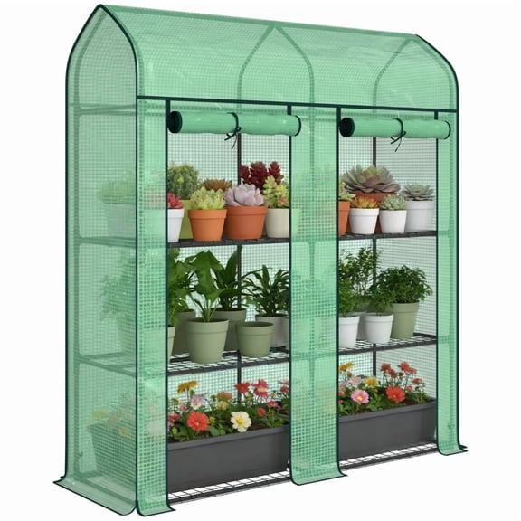 Alvantor Greenhouse 3-Tier Mini Greenhouse with 2 Roll-Up Doors & PE Cover 56.3"x18.1"x65" Green