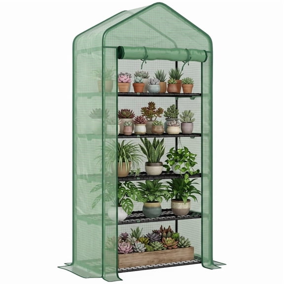 Alvantor Greenhouse 5-Tier Mini Greenhouse with PE Cover & Roll-Up Door 35.4"x19.3"x76" Green