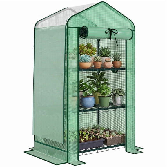 Alvantor Greenhouse Mini Greenhouse with Screen Roof & Roll-Up Zipper Door 27.6"x19.7"x50" Green