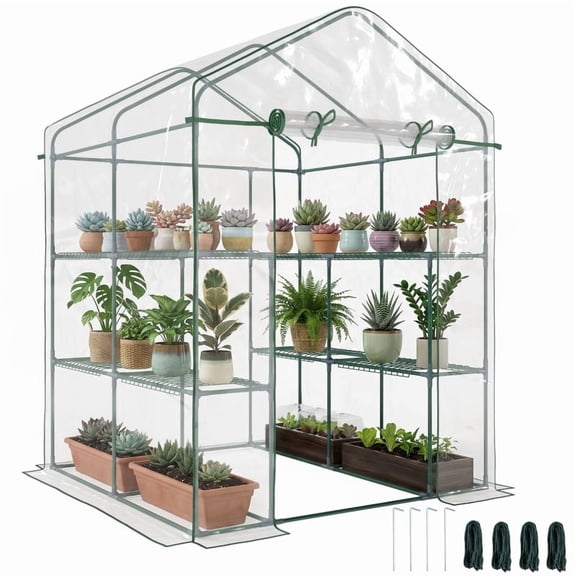 Alvantor Greenhouse Mini Walk-in Greenhouse with 3-Tier Shelves & Roll-Up Door 5'x5'x6' Clear