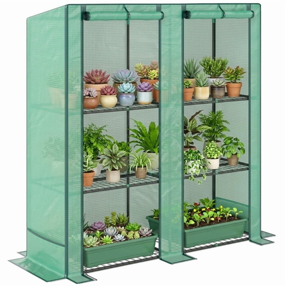Alvantor Greenhouse Three-Tier Mini Greenhouse with 2 Roll-Up Doors 56.7"x18.9"x59.8" Green