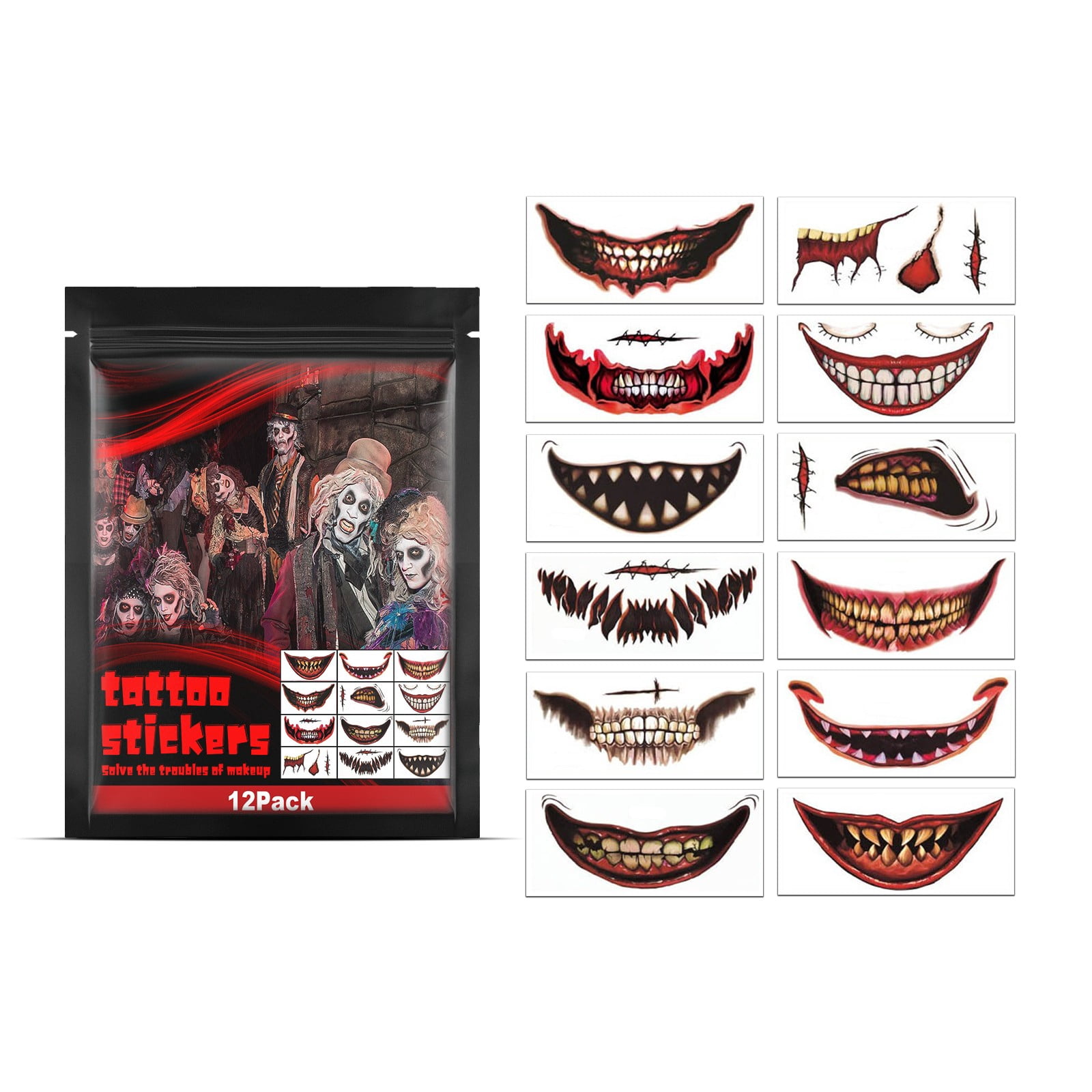 Alvantor Halloween Temporary Tattoo Stickers Horror Mouth Face Decals for Party Cosplay Makeup Scary Clown Props, 12pc