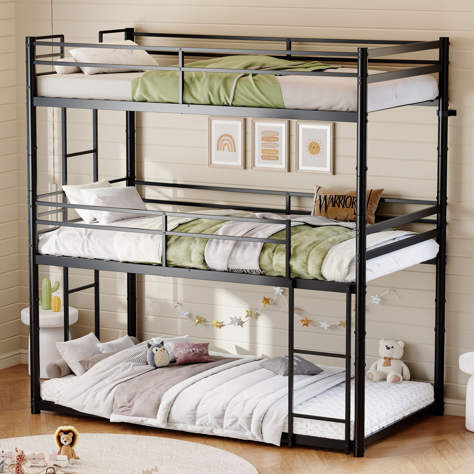 Alvantor Heavy Duty Triple Twin Metal Bunk Bed, 3-in-1 Convertible Frame, Black