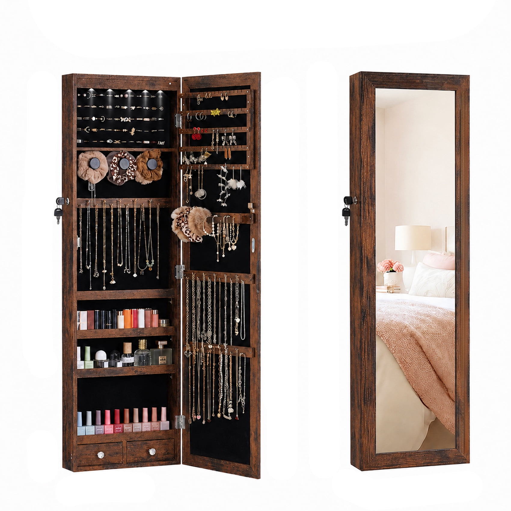 Alvantor Jewelry Organizers and Storage, 47.2-Inch Tall Lockable Wall or Door Mounted Jewelry Armoire Organizer with Mirror, 2 Drawers, 6 LEDs Mirror Jewelry Cabinet
