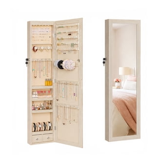 Alvantor Jewelry Organizers and Storage, 47.2-Inch Tall Lockable Wall or Door Mounted Jewelry Armoire Organizer with Mirror, 2 Drawers, 6 LEDs Mirror Jewelry Cabinet