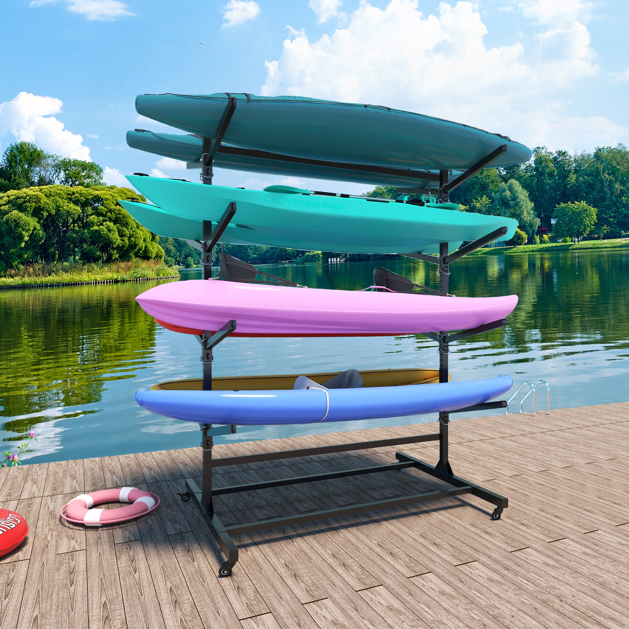Alvantor Kayak Storage Rack, 4 Layer Metal Adjustable Stand with Wheels for Kayak, Canoe, SUP & Surfboard, 58"*46"*82" Black