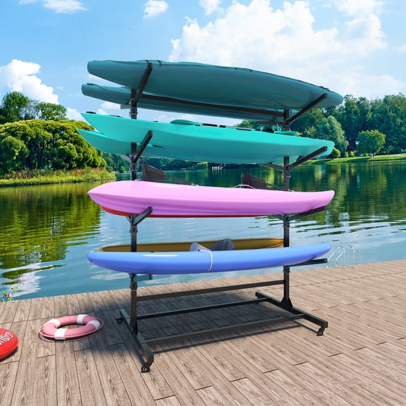 Alvantor Kayak Storage Rack, 4 Layer Metal Adjustable Stand with Wheels for Kayak, Canoe, SUP & Surfboard, 58"*46"*82" Black