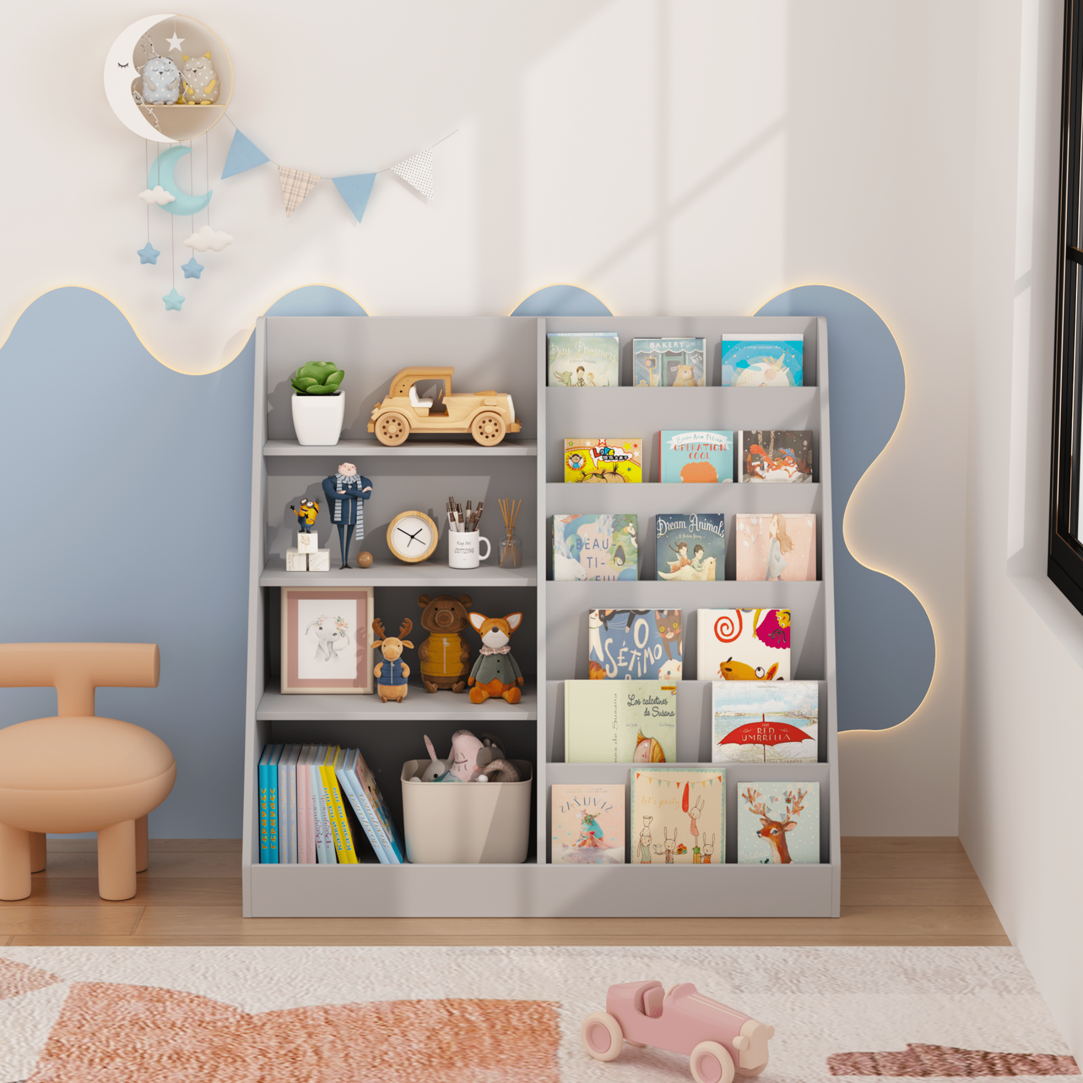 Alvantor Kids Bookshelf and Toy Storage Organizer, Multifunctional 4 Tier Wooden Bookcase for Nursery Playroom, Gray