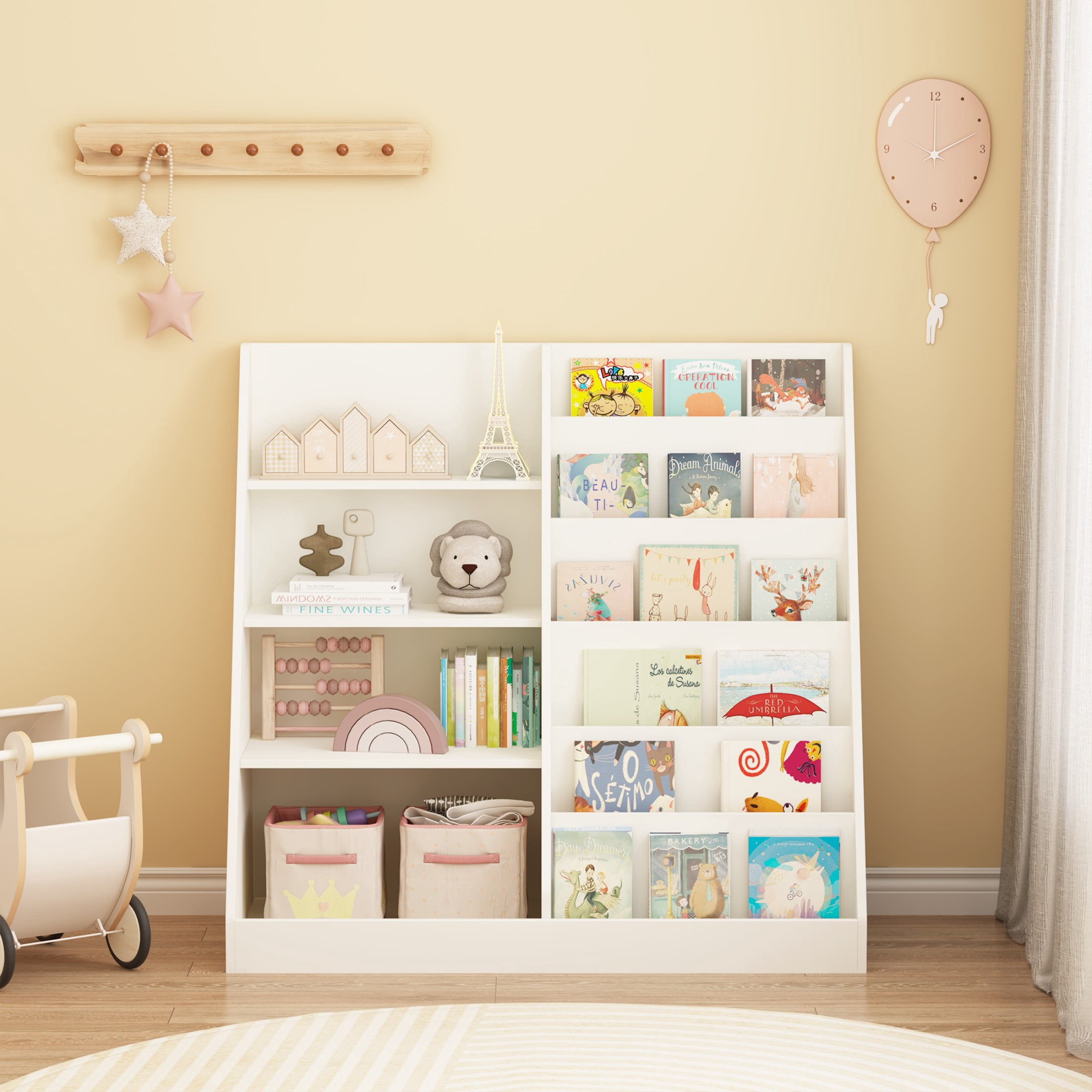 Alvantor Kids Bookshelf and Toy Storage Organizer, Multifunctional 4 Tier Wooden Bookcase for Nursery Playroom, White