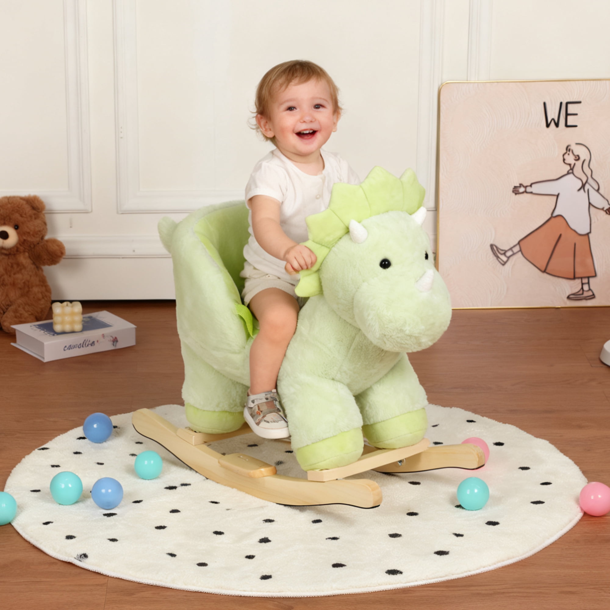 Alvantor Kids Rocking Horse, Plush Ride-On Toy with Music & Wooden Base, Dinosaur Toddler Rocker for 1-6 Years Green