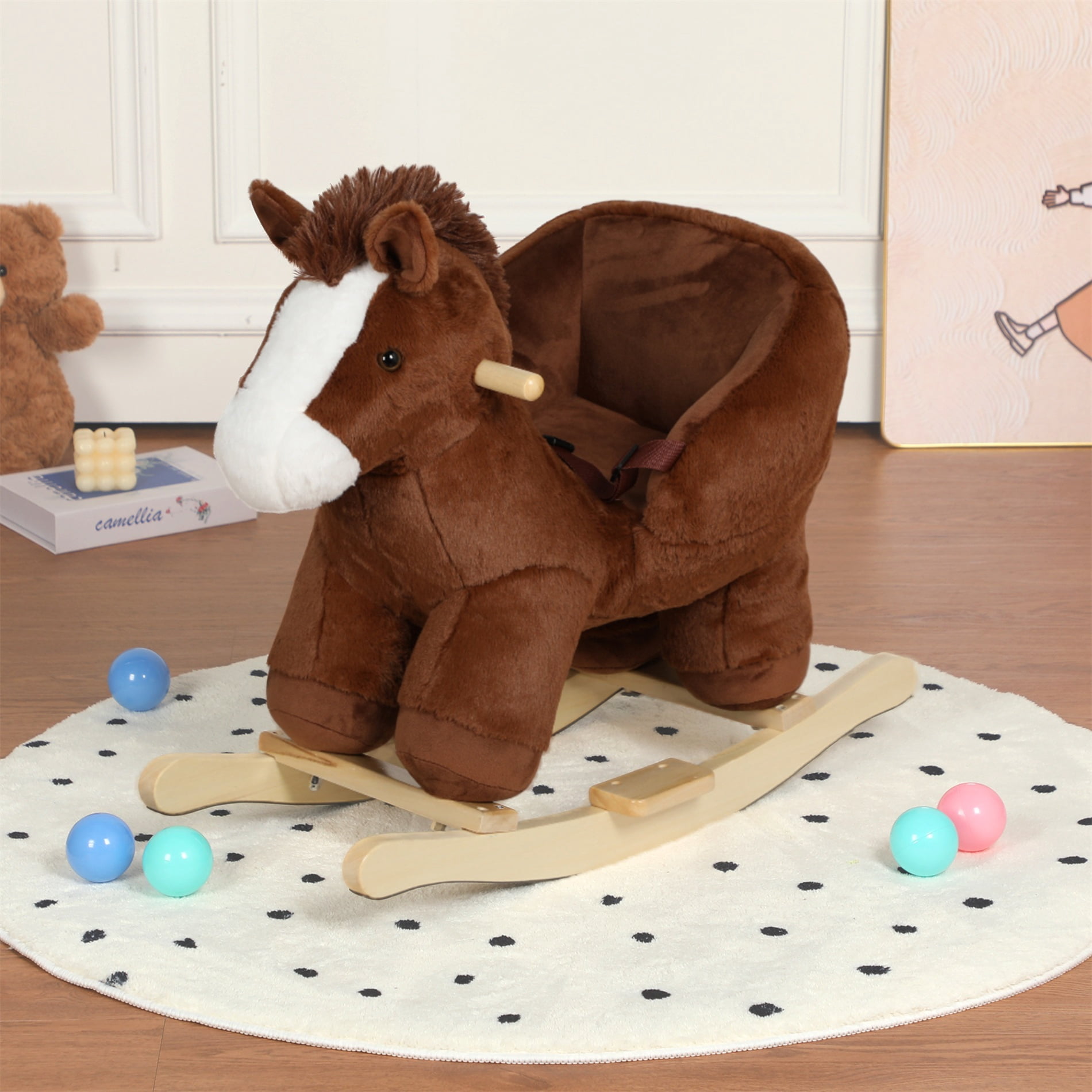 Alvantor Kids Rocking Horse, Plush Ride-On Toy, Brown Toddler Rocker with Music & Wooden Base for Ages 1-3