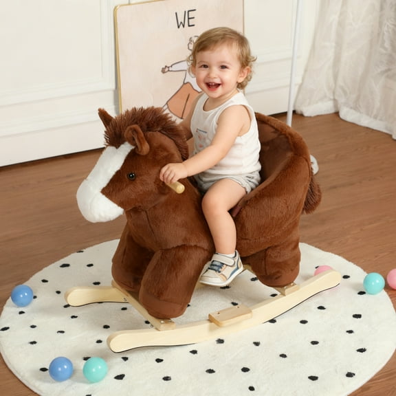 Alvantor Kids Plush Ride-On Horse with Music & Wooden Base, Ideal for Toddlers