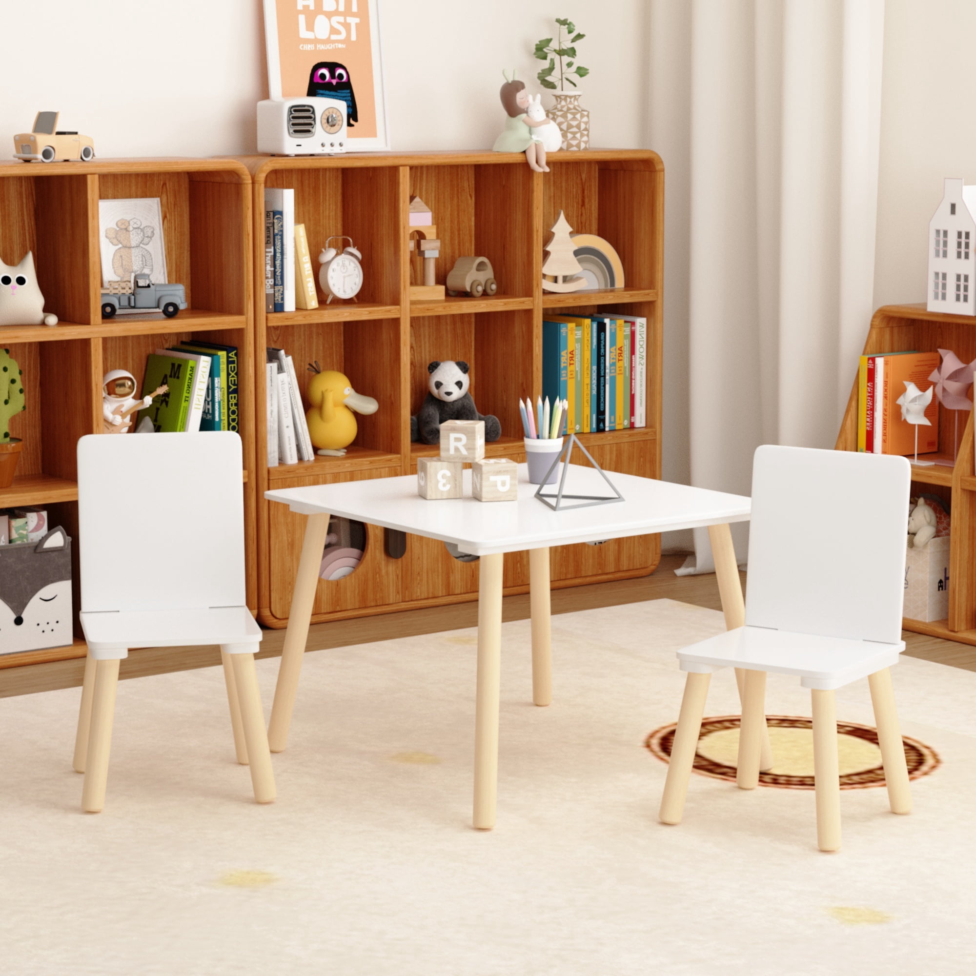 Alvantor Kids Table and 2 Chairs Set, 3 Piece Toddler Wooden Activity Play Table, 23.6" White