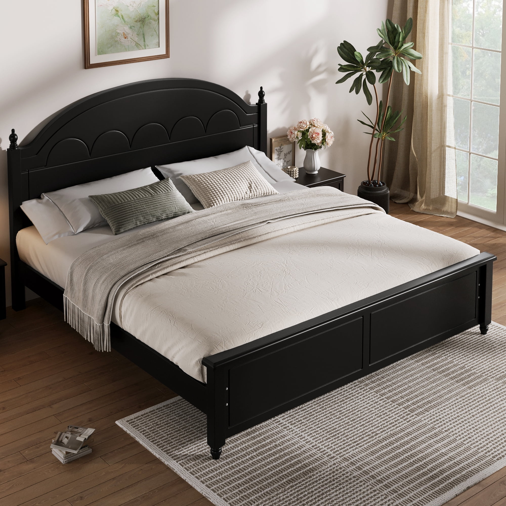 Alvantor King Bed Frame, Wooden Bed with Arched Headboard Classic Design, Black