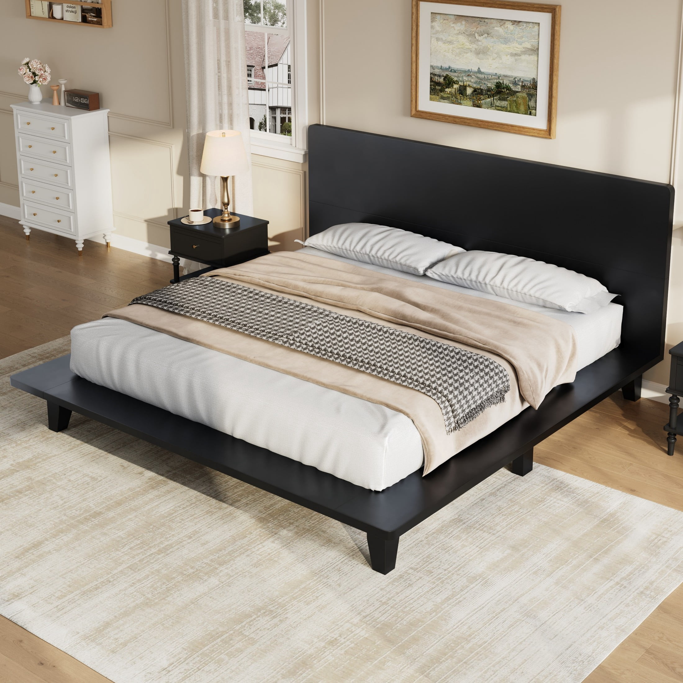 Alvantor King Bed Frame with Headboard, Platform Wood Slat Support, No Box Spring Needed, Black