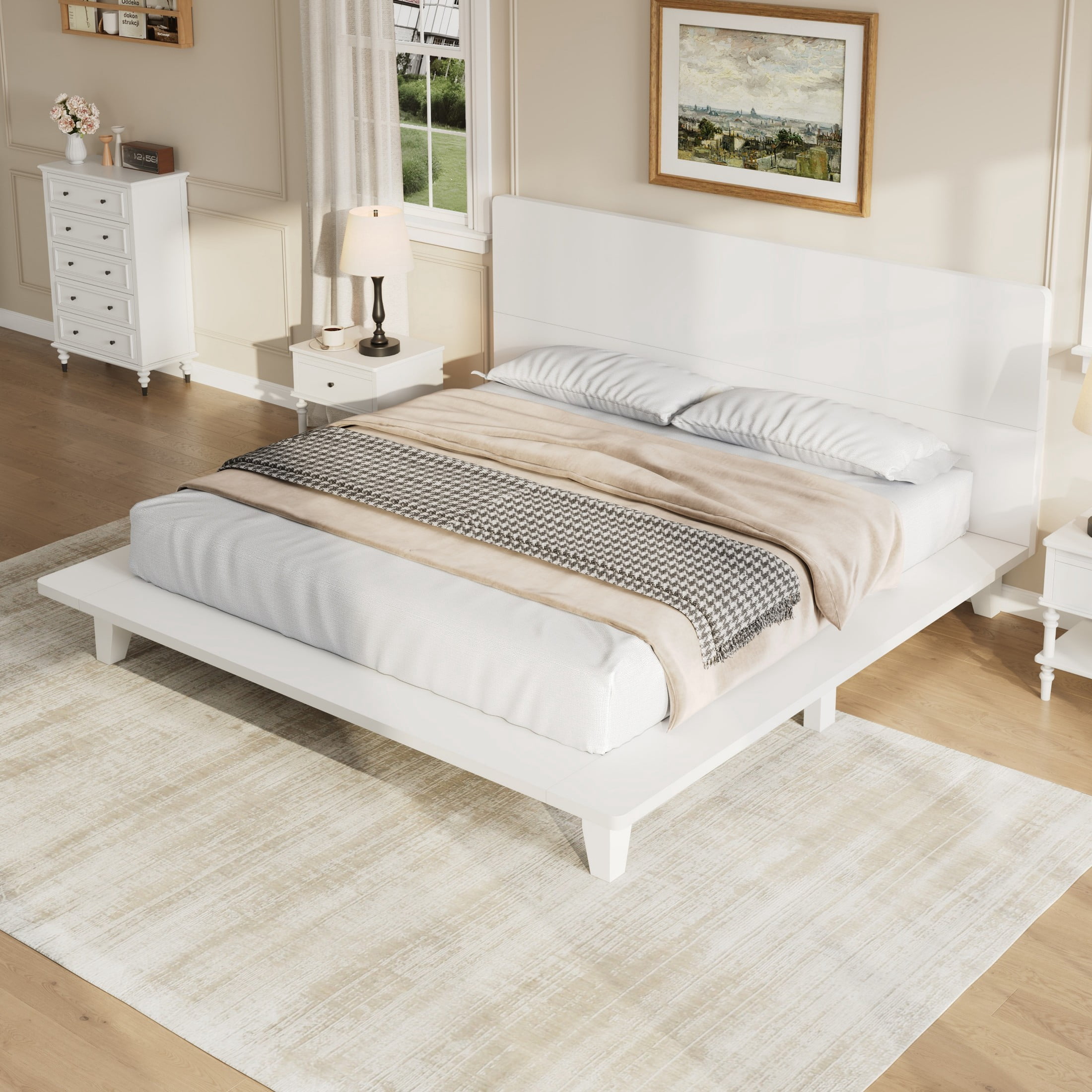 Alvantor King Bed Frame with Headboard, Platform Wood Slat Support, No Box Spring Needed, White