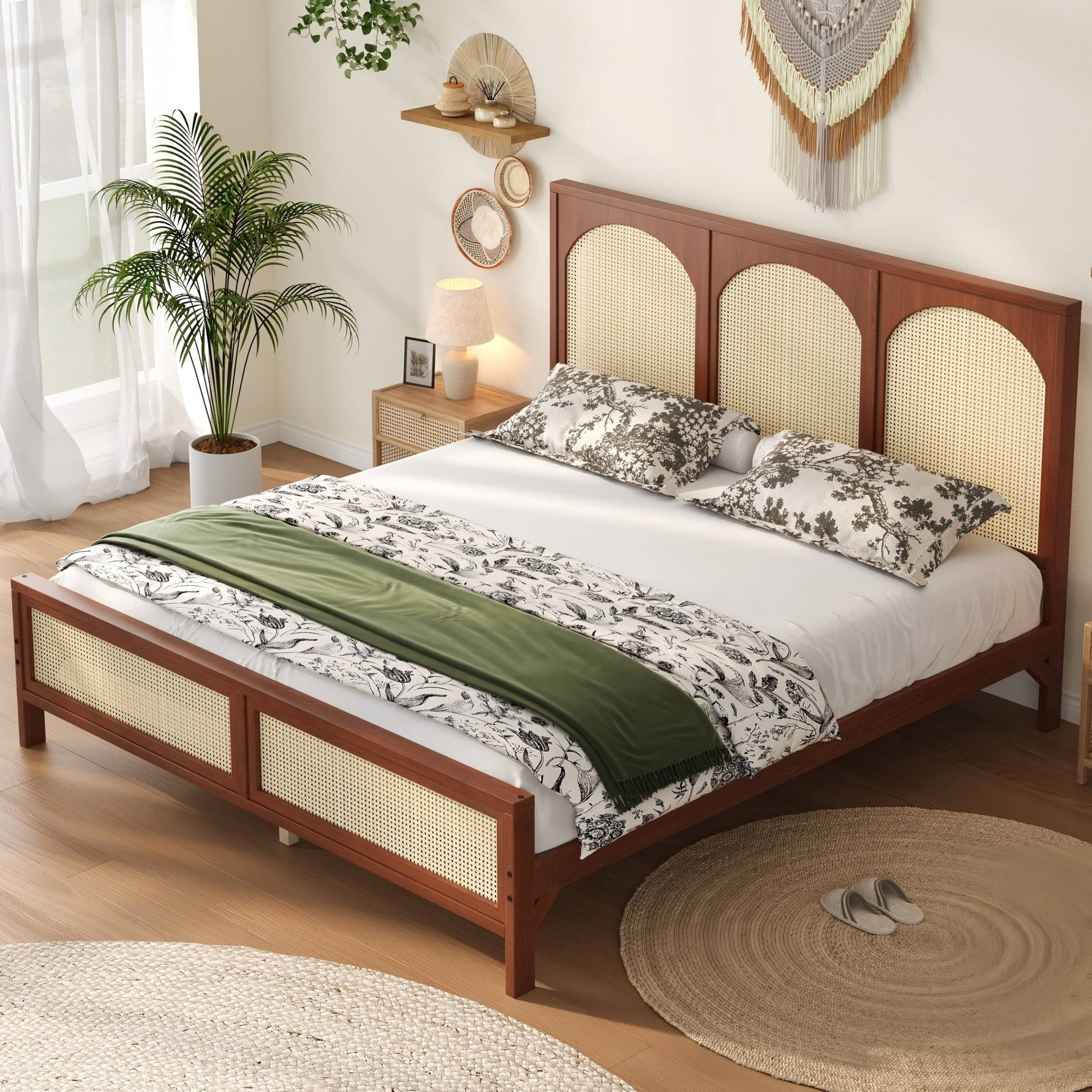 Alvantor King Size Wood Bed Frame with Rattan Headboard & Footboard, Walnut+Beige
