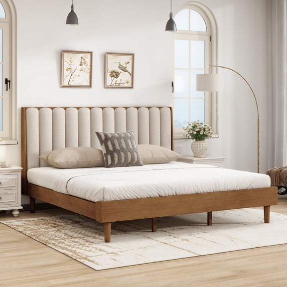 Alvantor King Size Wood Bed with Piano Key Style Upholstered Headboard, No Box Spring Needed, Wheat