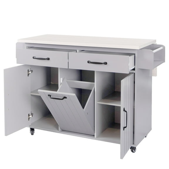 Alvantor Kitchen Island Carts with Trash Can, Rolling Buffet Cabinet with Drop Leaf,Spice Rack and Towel Rack for Dining Room Living Room Grey