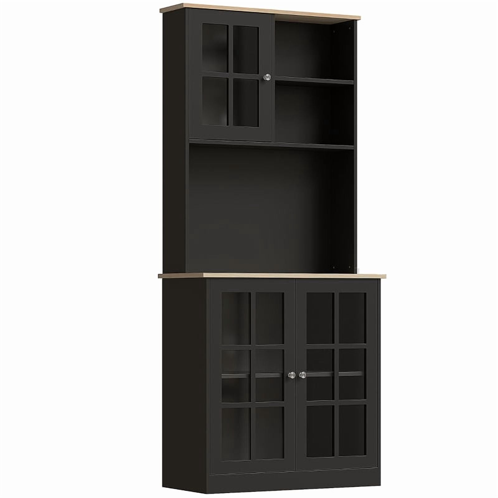 Alvantor Kitchen Pantry Storage Cabinet with Glass Doors, Hutch Countertop & Adjustable Shelves 31.5"x 14.5"x 72" Black