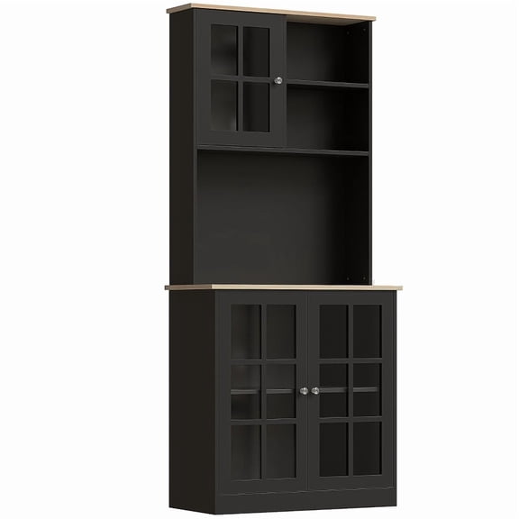 Alvantor Kitchen Pantry Storage Cabinet with Glass Doors, Hutch Countertop & Adjustable Shelves 31.5"x 14.5"x 72" Black
